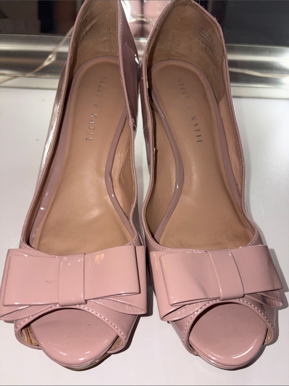 Kelly & Katie Blush Pink Patent Peep-Toe Bow Heels